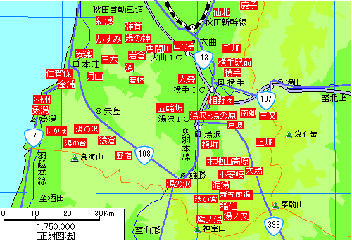 秋田県南部温泉地図