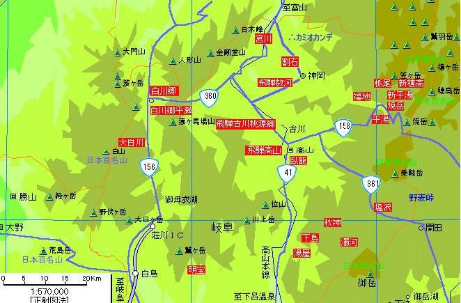岐阜飛騨高山方面温泉地図