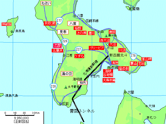 北海道・函館周辺温泉地図