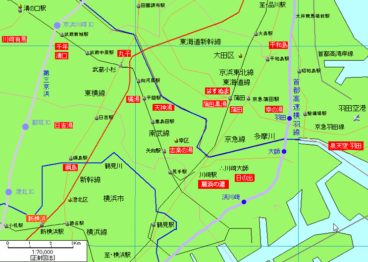 蒲田・川崎周辺温泉地図