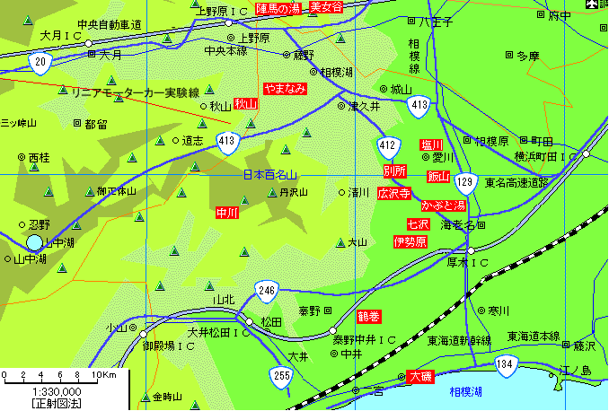神奈川丹沢方面温泉地図