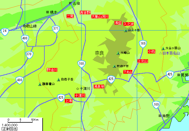 奈良十津川方面温泉地図