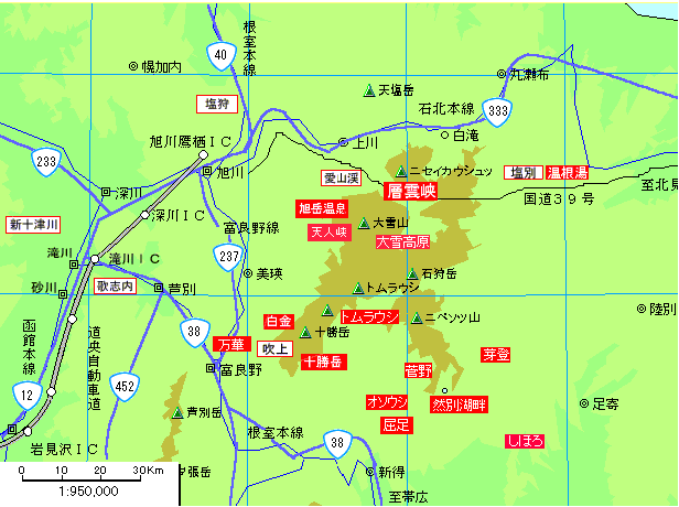 旭川・大雪・富良野周辺温泉地図