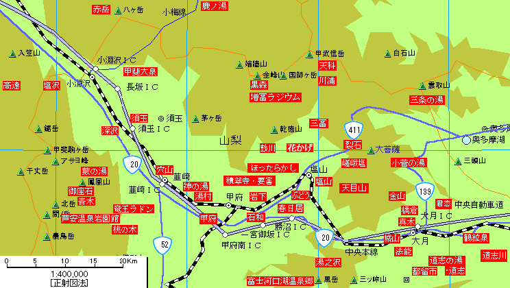 山梨温泉地図 北部 甲府盆地 韮崎 大月 心を癒す日本温泉ネットワーク